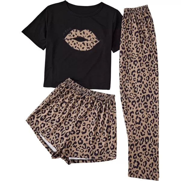 SweatyRocks Women's 3 Piece Plaid Pajama Letter Print Short Sleeve Tee and Shorts Pants Set