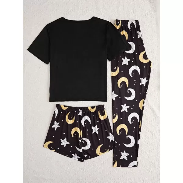 SweatyRocks Women's 3 Piece Plaid Pajama Letter Print Short Sleeve Tee and Shorts Pants Set