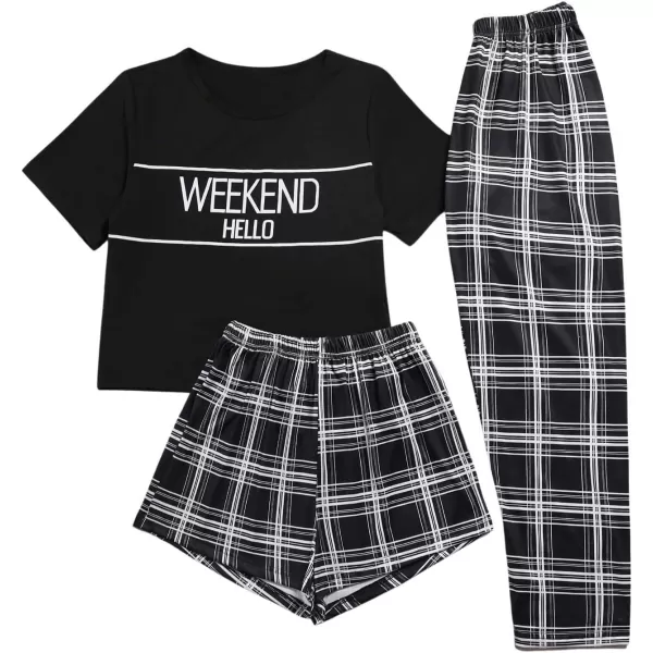 SweatyRocks Women's 3 Piece Plaid Pajama Letter Print Short Sleeve Tee and Shorts Pants Set