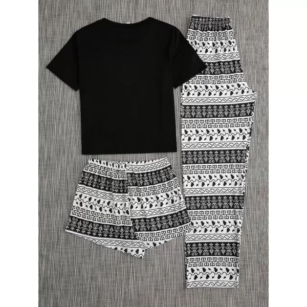SweatyRocks Women's 3 Piece Plaid Pajama Letter Print Short Sleeve Tee and Shorts Pants Set