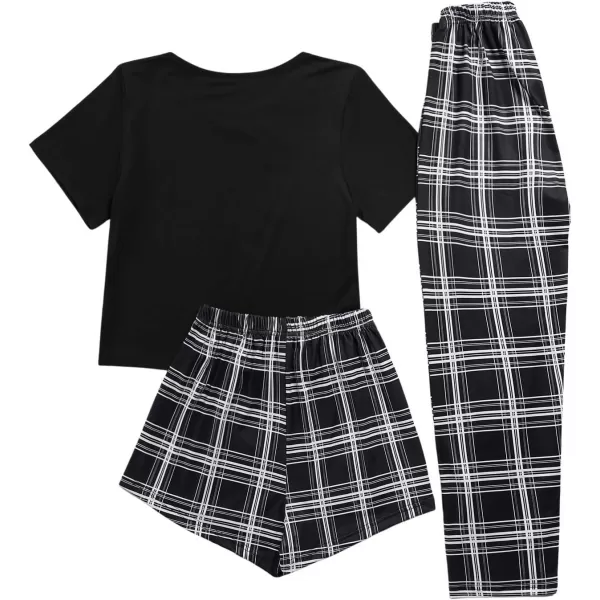 SweatyRocks Women's 3 Piece Plaid Pajama Letter Print Short Sleeve Tee and Shorts Pants Set