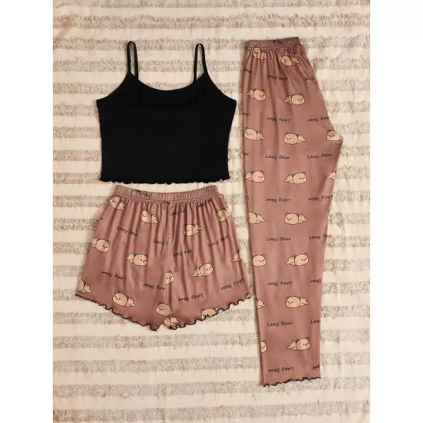 SweatyRocks Women's 3 Piece Plaid Pajama Letter Print Short Sleeve Tee and Shorts Pants Set