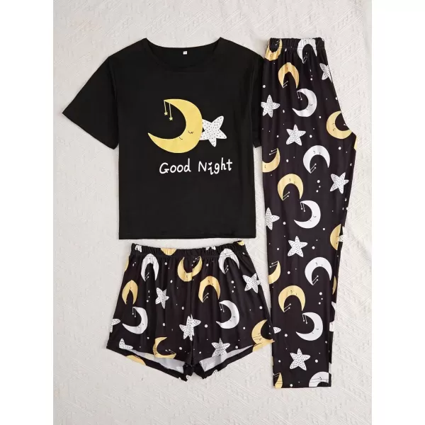 SweatyRocks Women's 3 Piece Plaid Pajama Letter Print Short Sleeve Tee and Shorts Pants Set