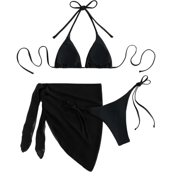 SweatyRocks Women's 3 Piece Swimsuit Halter Triangle Bra Bikini Set with Skirt