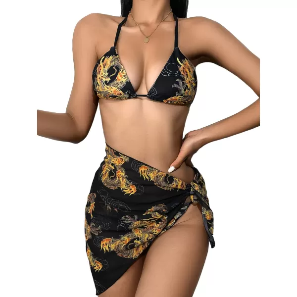 SweatyRocks Women's 3 Piece Swimsuit Halter Triangle Bra Bikini Set with Skirt