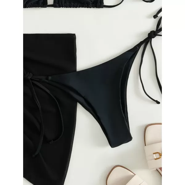 SweatyRocks Women's 3 Piece Swimsuit Halter Triangle Bra Bikini Set with Skirt