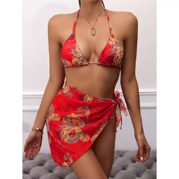SweatyRocks Women's 3 Piece Swimsuit Halter Triangle Bra Bikini Set with Skirt