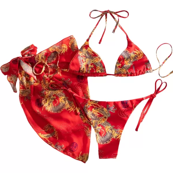 SweatyRocks Women's 3 Piece Swimsuit Halter Triangle Bra Bikini Set with Skirt