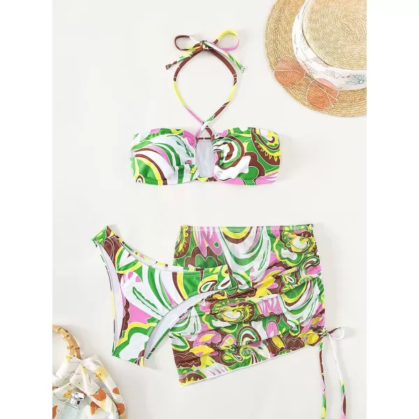 SweatyRocks Women's 3 Piece Swimsuit Halter Triangle Bra Bikini Set with Skirt