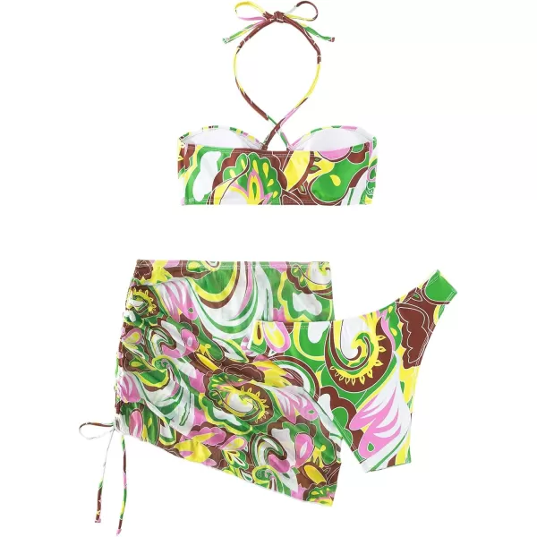 SweatyRocks Women's 3 Piece Swimsuit Halter Triangle Bra Bikini Set with Skirt