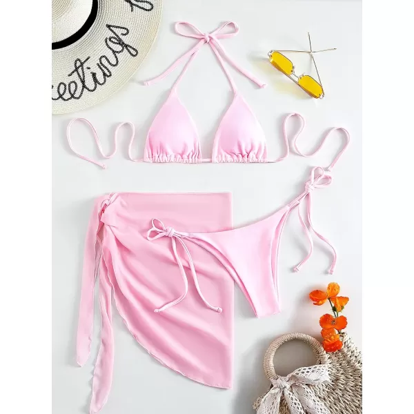 SweatyRocks Women's 3 Piece Swimsuit Halter Triangle Bra Bikini Set with Skirt