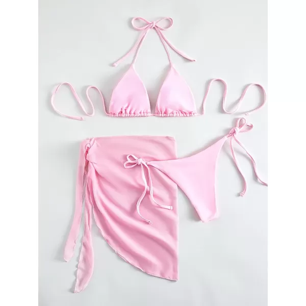 SweatyRocks Women's 3 Piece Swimsuit Halter Triangle Bra Bikini Set with Skirt