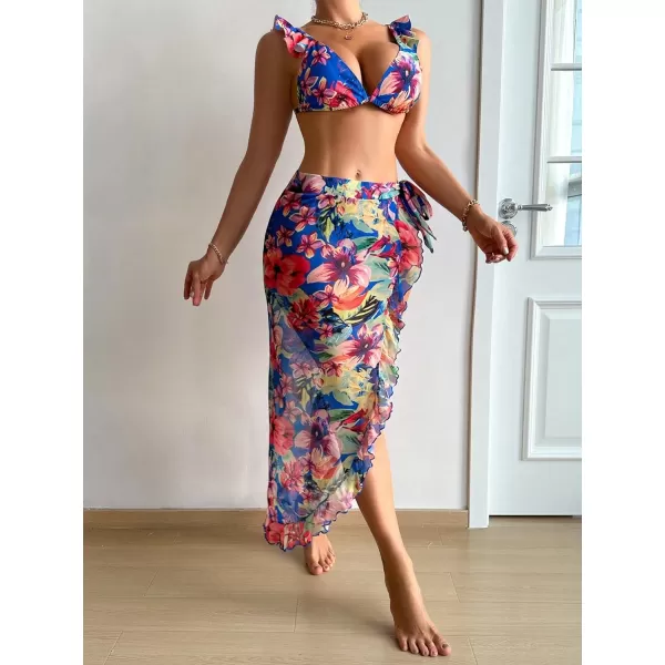 SweatyRocks Women's 3 Pieces Beach Swimsuit Tropical Ruffle Halter Bikini Swimsuit with Cover up Wrap Skirt