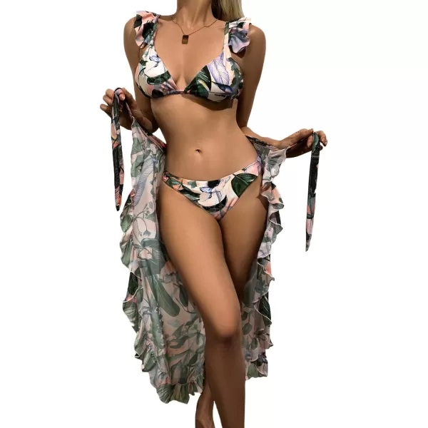 SweatyRocks Women's 3 Pieces Beach Swimsuit Tropical Ruffle Halter Bikini Swimsuit with Cover up Wrap Skirt