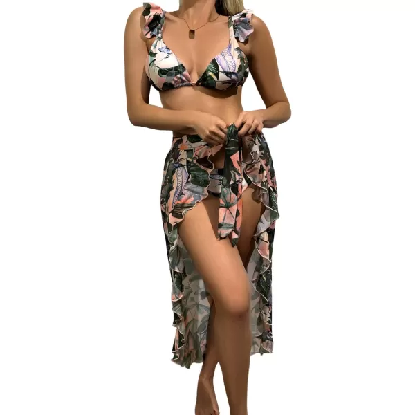 SweatyRocks Women's 3 Pieces Beach Swimsuit Tropical Ruffle Halter Bikini Swimsuit with Cover up Wrap Skirt