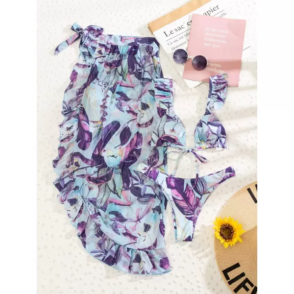 SweatyRocks Women's 3 Pieces Beach Swimsuit Tropical Ruffle Halter Bikini Swimsuit with Cover up Wrap Skirt