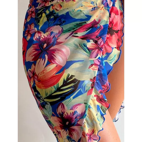 SweatyRocks Women's 3 Pieces Beach Swimsuit Tropical Ruffle Halter Bikini Swimsuit with Cover up Wrap Skirt