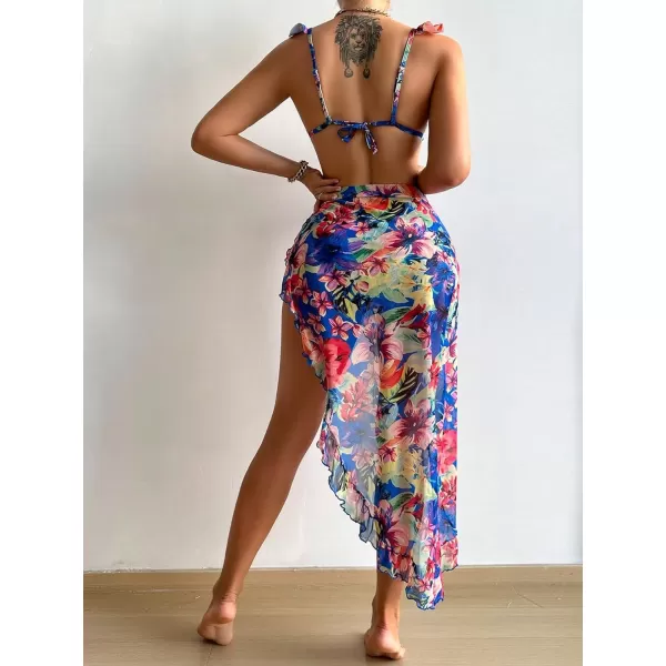 SweatyRocks Women's 3 Pieces Beach Swimsuit Tropical Ruffle Halter Bikini Swimsuit with Cover up Wrap Skirt