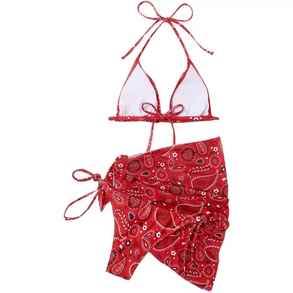 SweatyRocks Women's 3 Pieces Beach Swimsuit Tropical Ruffle Halter Bikini Swimsuit with Cover up Wrap Skirt