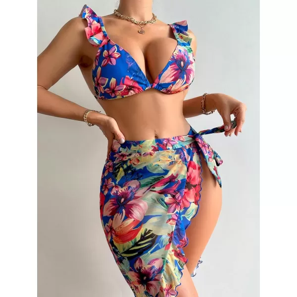 SweatyRocks Women's 3 Pieces Beach Swimsuit Tropical Ruffle Halter Bikini Swimsuit with Cover up Wrap Skirt