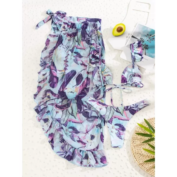SweatyRocks Women's 3 Pieces Beach Swimsuit Tropical Ruffle Halter Bikini Swimsuit with Cover up Wrap Skirt