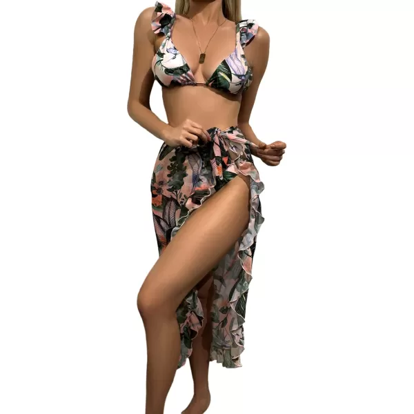 SweatyRocks Women's 3 Pieces Beach Swimsuit Tropical Ruffle Halter Bikini Swimsuit with Cover up Wrap Skirt