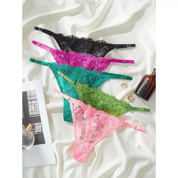 SweatyRocks Women's 5pack Floral Lace Adjustable Low Rise Comfy Underwear Thongs Panty Sets