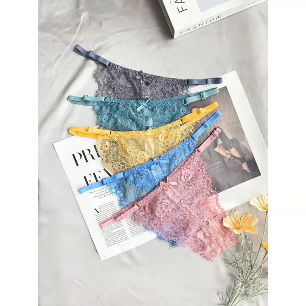 SweatyRocks Women's 5pack Floral Lace Adjustable Low Rise Comfy Underwear Thongs Panty Sets