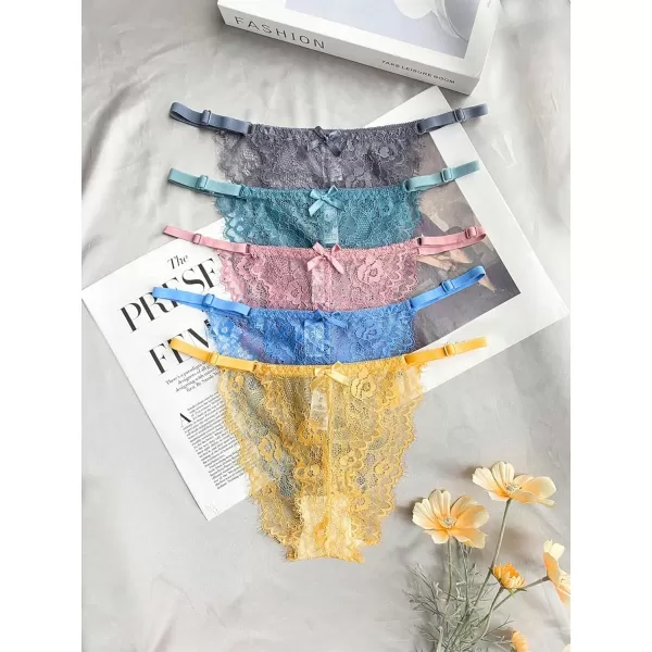 SweatyRocks Women's 5pack Floral Lace Adjustable Low Rise Comfy Underwear Thongs Panty Sets