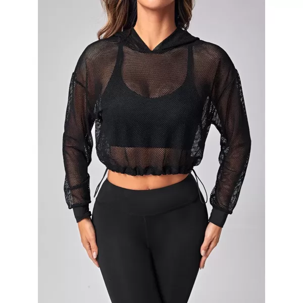SweatyRocks Women's Activewear Long Sleeve Hollow Out Drawstring Hooded Sweatshirt Sports Crop Top