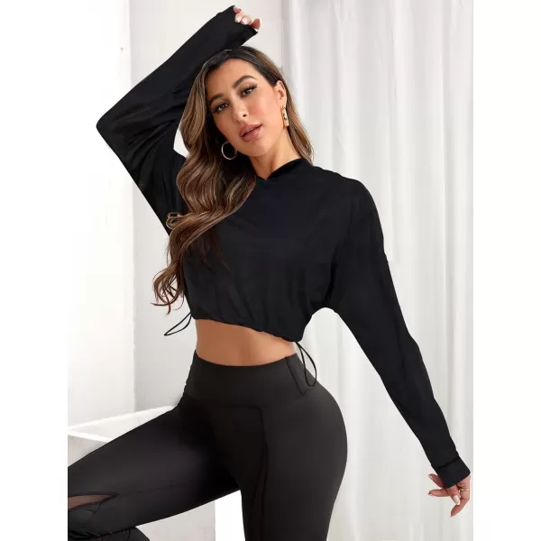 SweatyRocks Women's Activewear Long Sleeve Hollow Out Drawstring Hooded Sweatshirt Sports Crop Top