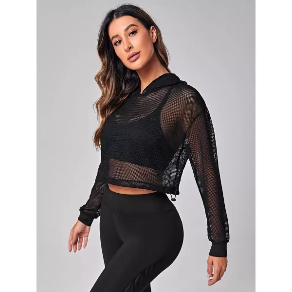 SweatyRocks Women's Activewear Long Sleeve Hollow Out Drawstring Hooded Sweatshirt Sports Crop Top