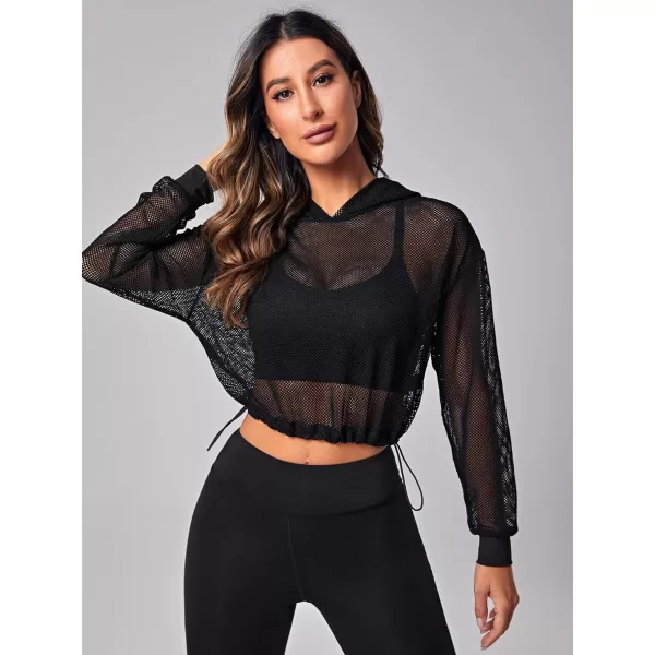 SweatyRocks Women's Activewear Long Sleeve Hollow Out Drawstring Hooded Sweatshirt Sports Crop Top