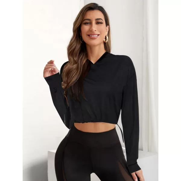 SweatyRocks Women's Activewear Long Sleeve Hollow Out Drawstring Hooded Sweatshirt Sports Crop Top