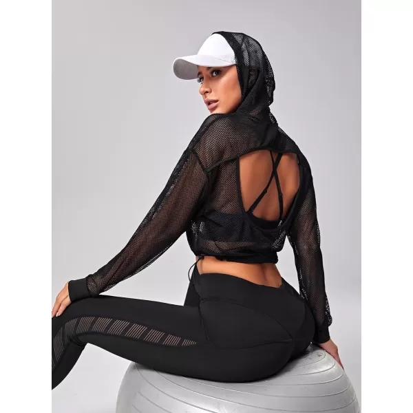 SweatyRocks Women's Activewear Long Sleeve Hollow Out Drawstring Hooded Sweatshirt Sports Crop Top