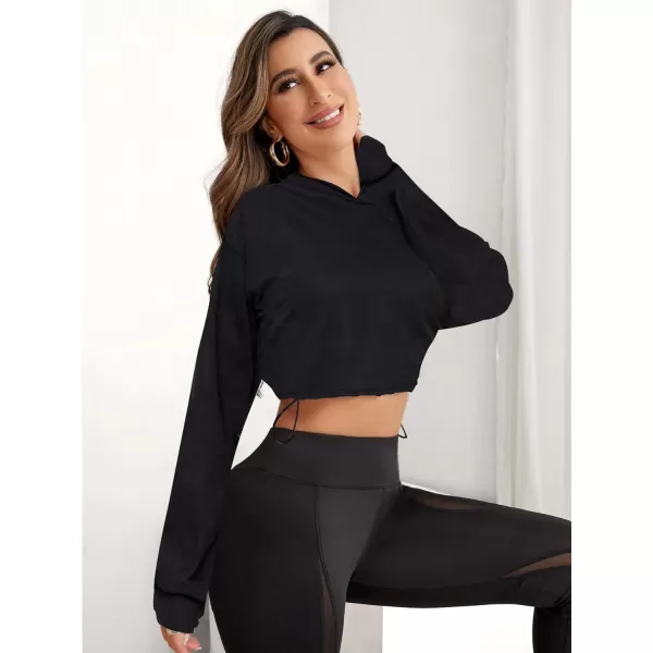 SweatyRocks Women's Activewear Long Sleeve Hollow Out Drawstring Hooded Sweatshirt Sports Crop Top
