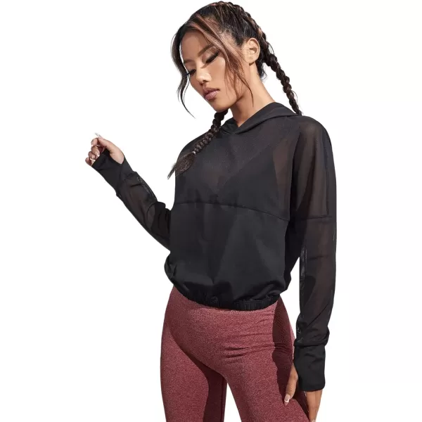 SweatyRocks Women's Activewear Long Sleeve Hooded Sweatshirt Sheer Mesh Running Workout Sports Top