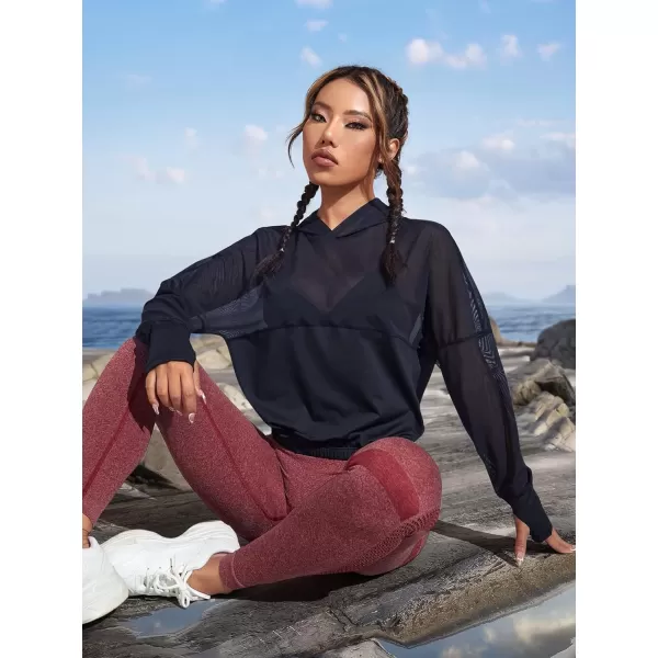 SweatyRocks Women's Activewear Long Sleeve Hooded Sweatshirt Sheer Mesh Running Workout Sports Top