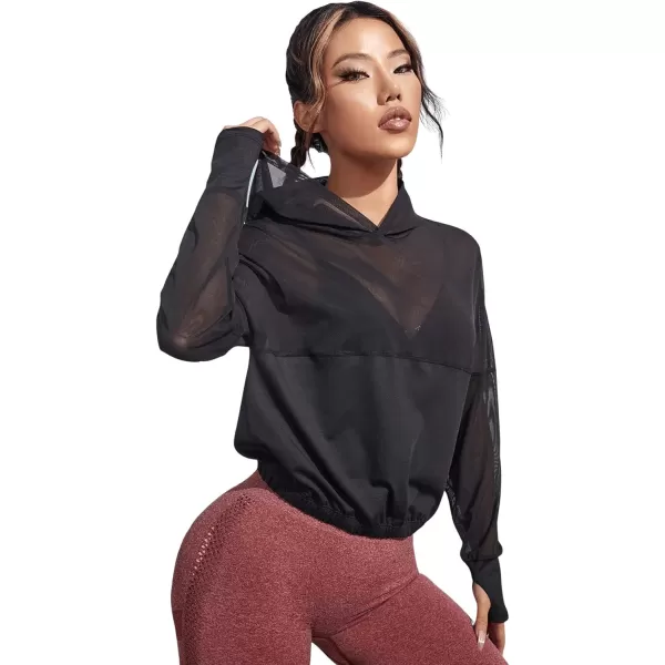 SweatyRocks Women's Activewear Long Sleeve Hooded Sweatshirt Sheer Mesh Running Workout Sports Top