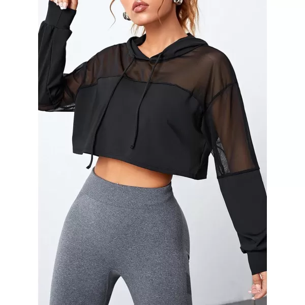 SweatyRocks Women's Activewear Long Sleeve Hooded Sweatshirt Sheer Mesh Running Workout Sports Top