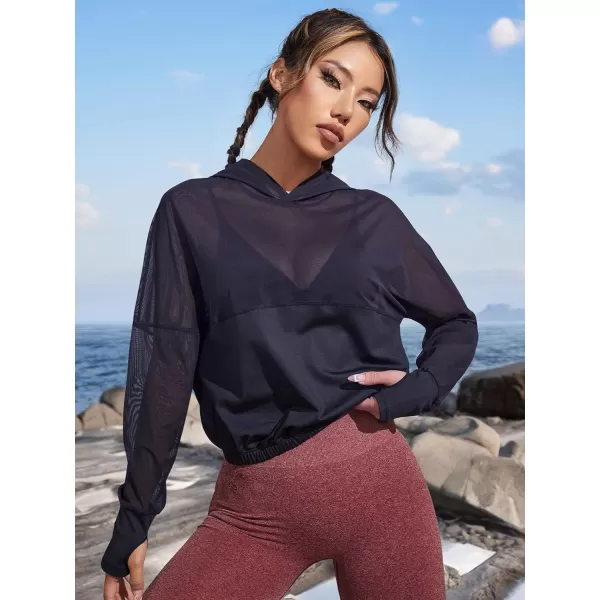 SweatyRocks Women's Activewear Long Sleeve Hooded Sweatshirt Sheer Mesh Running Workout Sports Top