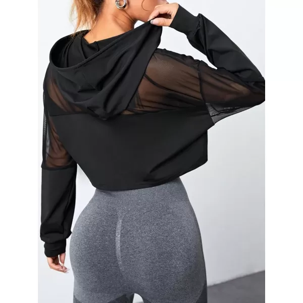 SweatyRocks Women's Activewear Long Sleeve Hooded Sweatshirt Sheer Mesh Running Workout Sports Top
