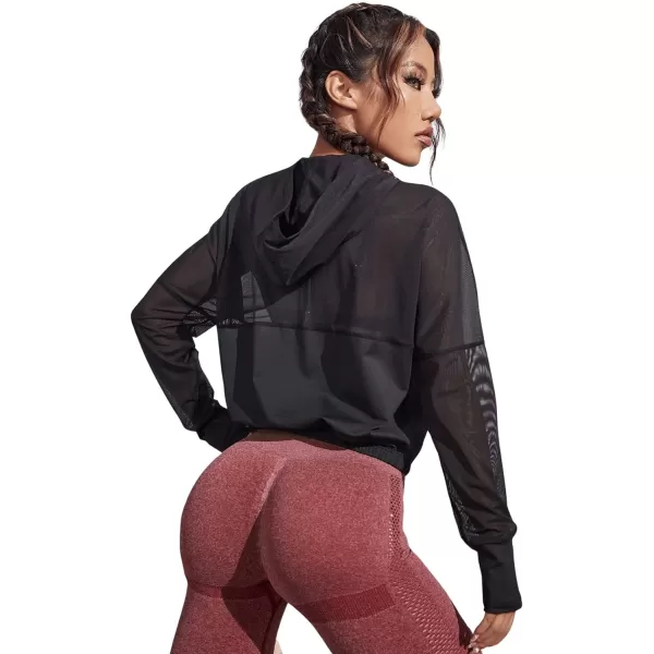 SweatyRocks Women's Activewear Long Sleeve Hooded Sweatshirt Sheer Mesh Running Workout Sports Top