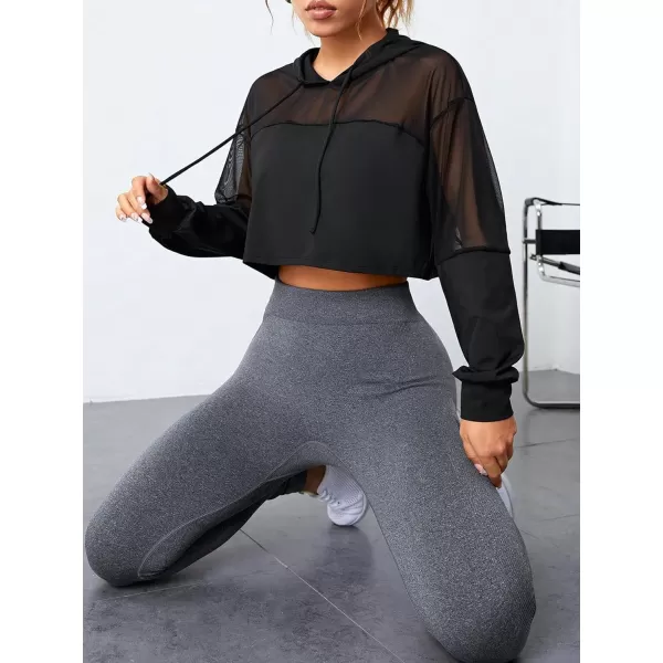 SweatyRocks Women's Activewear Long Sleeve Hooded Sweatshirt Sheer Mesh Running Workout Sports Top