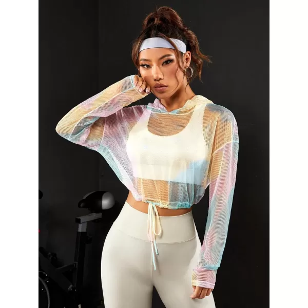SweatyRocks Women's Activewear Long Sleeve Hooded Sweatshirt Sheer Mesh Running Workout Sports Top
