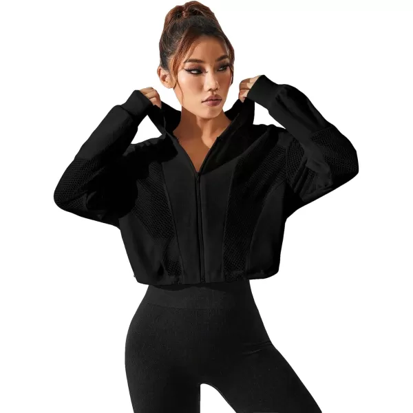 SweatyRocks Women's Activewear Long Sleeve Sheer Mesh Hooded Full Zip Sports Track Jacket