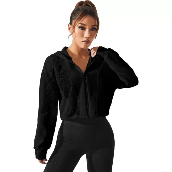SweatyRocks Women's Activewear Long Sleeve Sheer Mesh Hooded Full Zip Sports Track Jacket