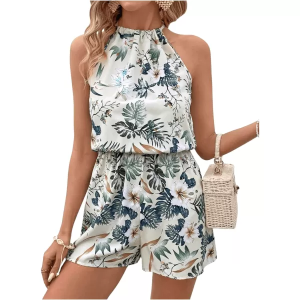 SweatyRocks Women's Allover Print Sleeveless Halter Jumpsuit High Waist Cami Romper with Pocket