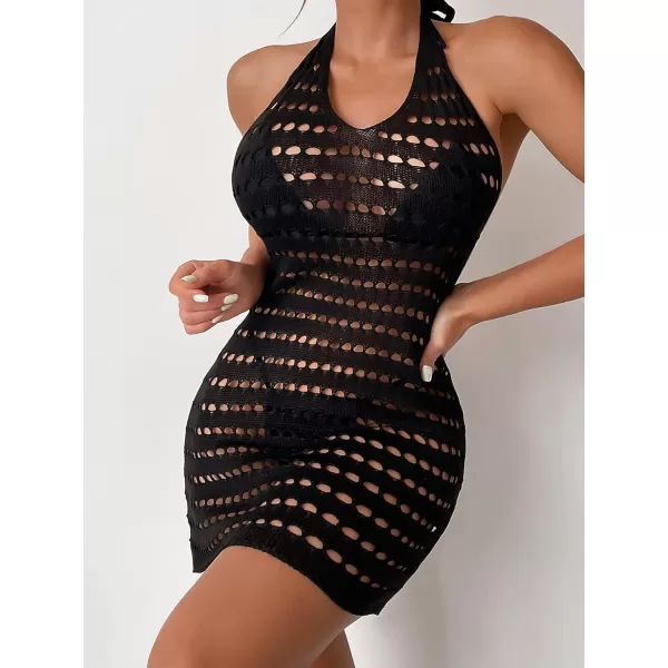 SweatyRocks Women's Backless Halter Dress Hollow Out Knit Beach Dresses Bathing Suit Cover Up