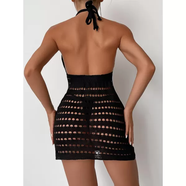 SweatyRocks Women's Backless Halter Dress Hollow Out Knit Beach Dresses Bathing Suit Cover Up